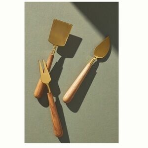 NIB! Anthropologie Tatum Cheese Knives Set of 3 Teakwood Stainless Steel